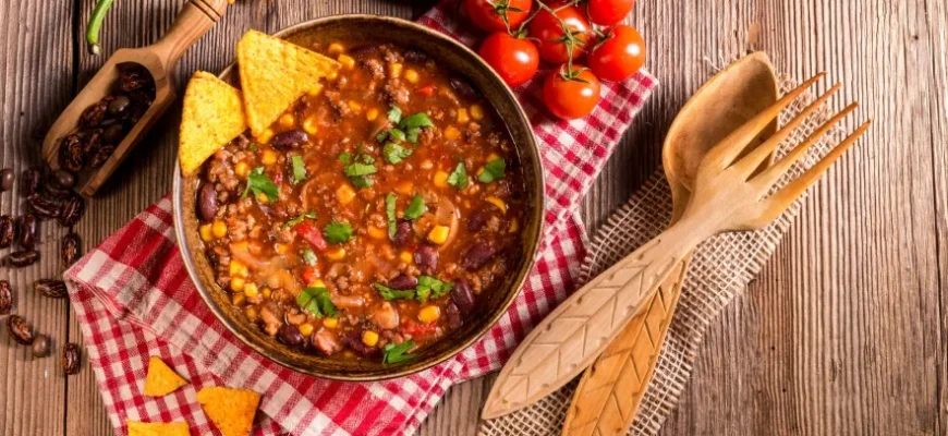 Pikantné Chilli con carne s kukuricou – tradičné mexické jedlo s mletým hovädzím mäsom, fazuľou a kukuricou, podávané s ryžou.