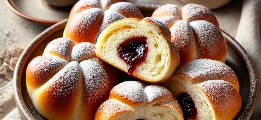 Pães doces tradicionais eslovacos recheados com geleia de ameixa e polvilhados com açúcar de confeiteiro.